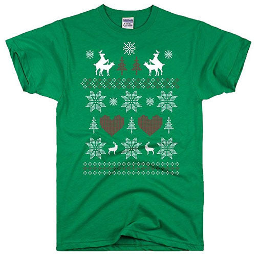 Green Christmas tee with white reindeer, snowflakes, and heart graphic front