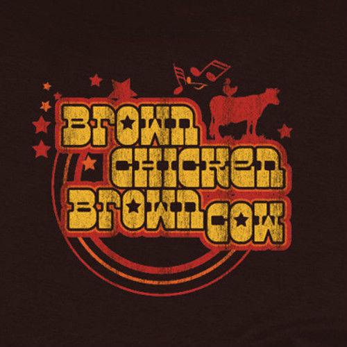 Close-up logo on dark brown tee: red stars, yellow text 'Brown Chicken Brown Cow'