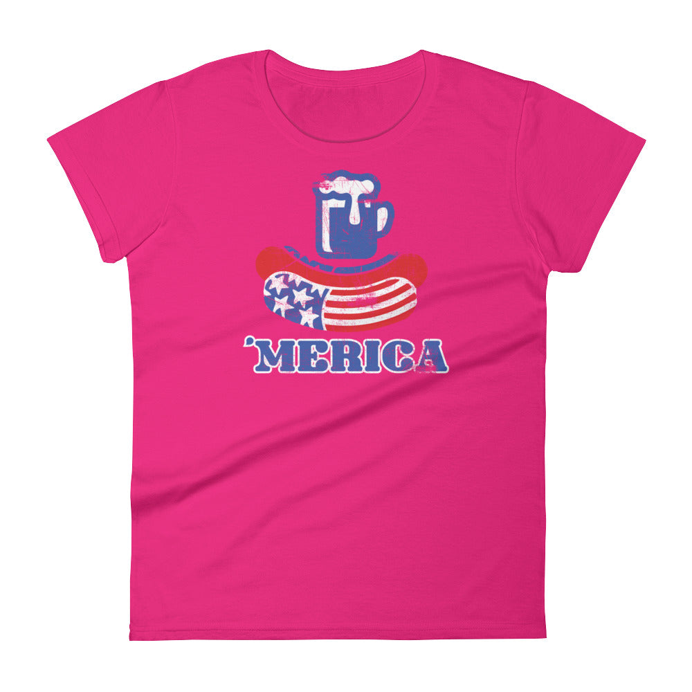 Hot Pink women's crewneck tee with 'MERICA' beer mug and hotdog flag graphic