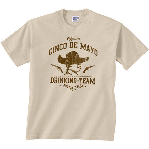 Cinco De Mayo graphic crewneck T-shirt, light tan, front logo with guns and text