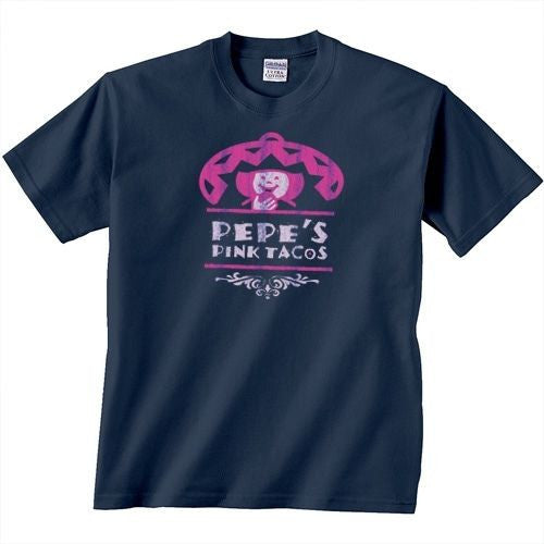 Dark navy Pepe Pink Taco tee with pink PEPE'S PINK TACOS front graphic