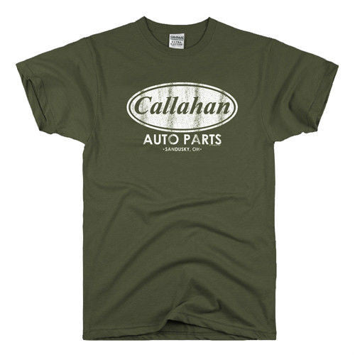 Olive green Callahan Auto Parts graphic T-shirt, crew neck, short sleeves