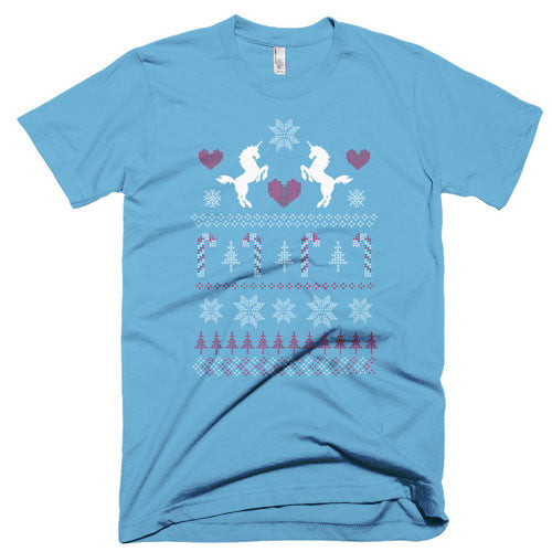 Light blue unicorn holiday graphic T-shirt with snowflakes and heart accents