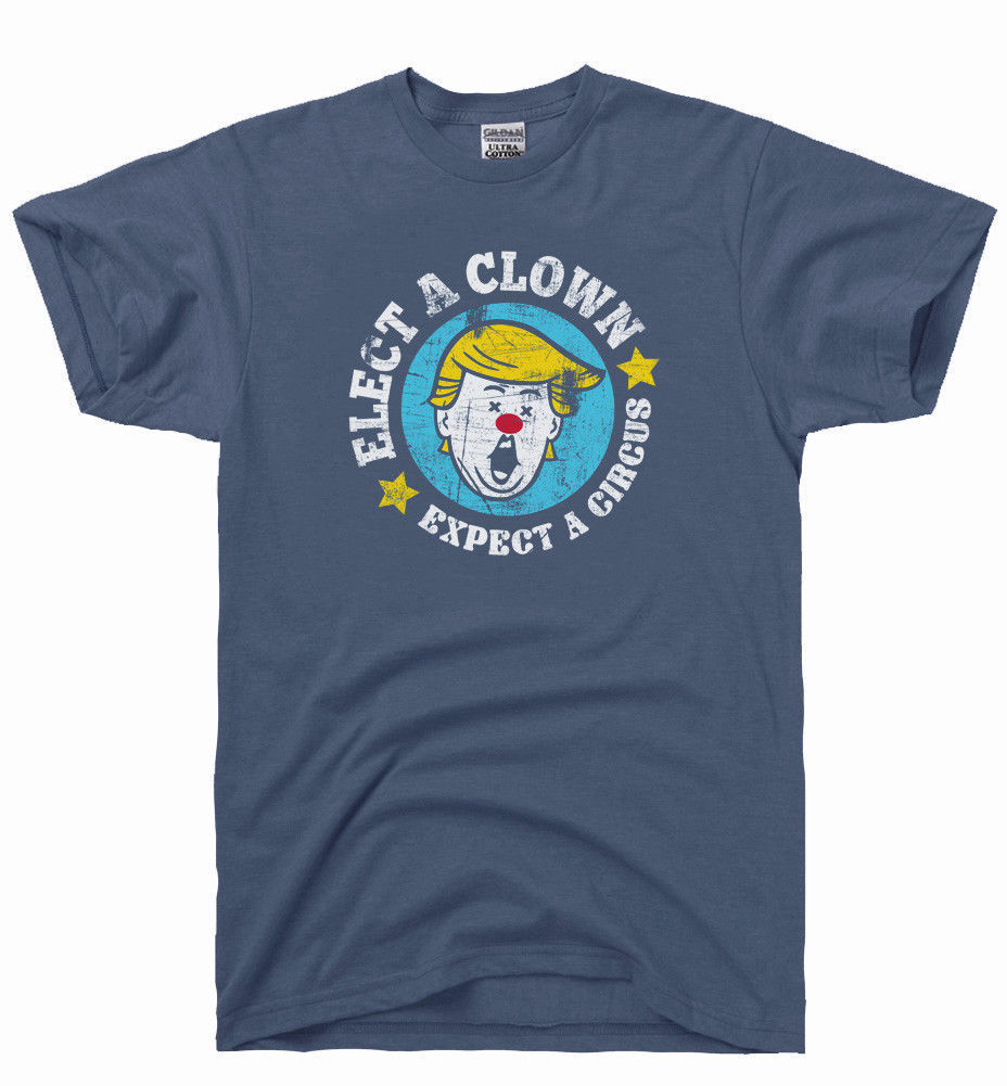 Dark blue T-shirt with circular clown face graphic and “Expect a Circus” text