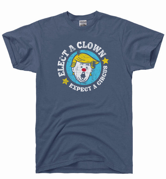 Dark blue T-shirt with circular clown face graphic and “Expect a Circus” text