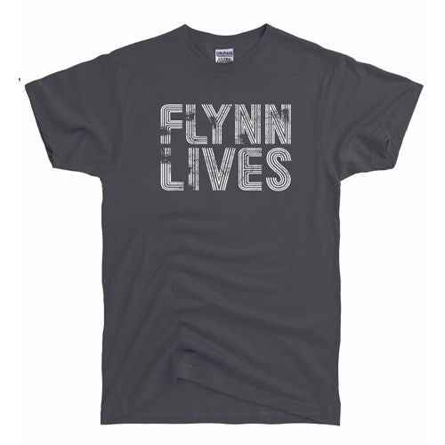 Flynn Lives tee in dark gray with large 'FLYNN LIVES' striped front graphic