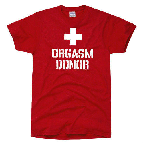 Red tee with white cross and ORGASM DONOR graphic on front