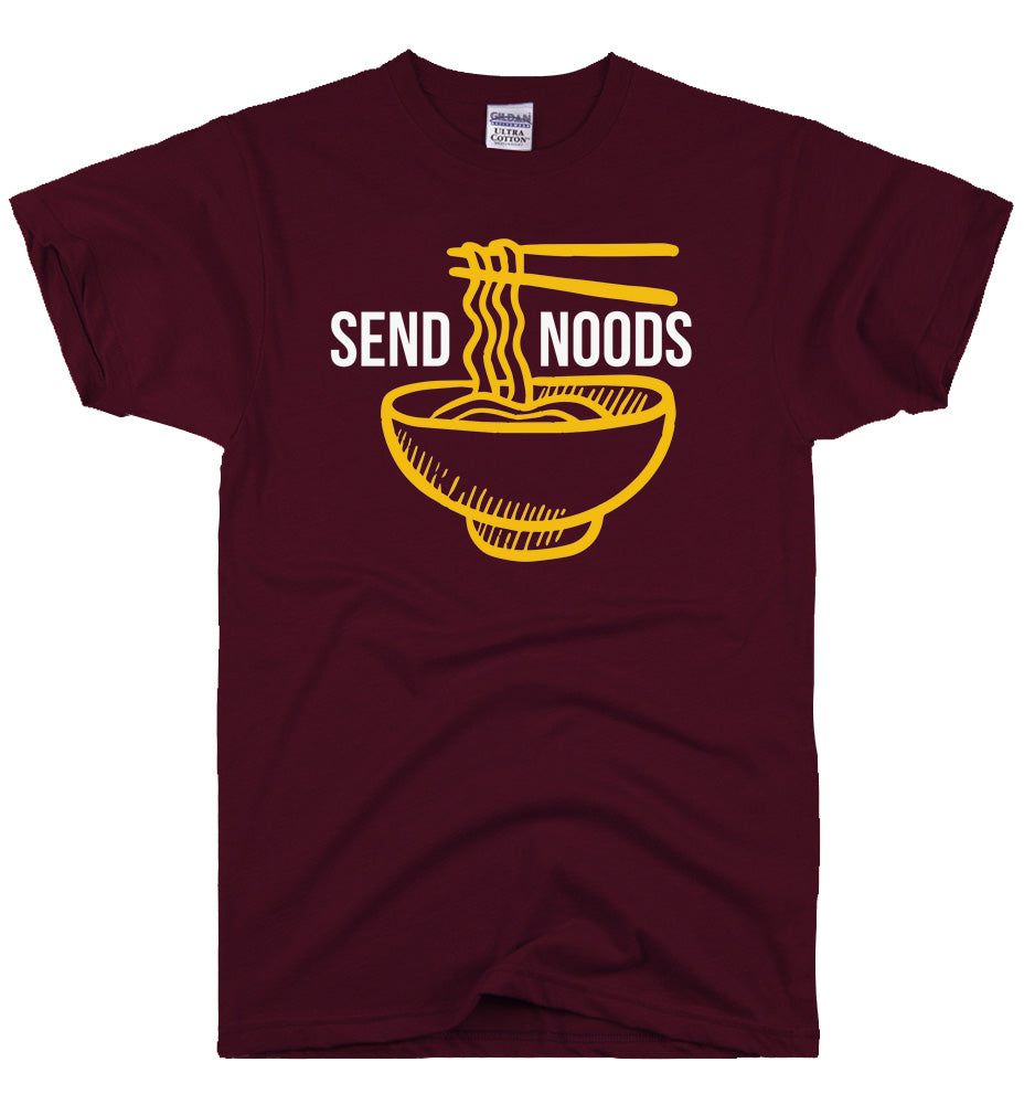Send Noods Tee maroon T-shirt with yellow ramen graphic