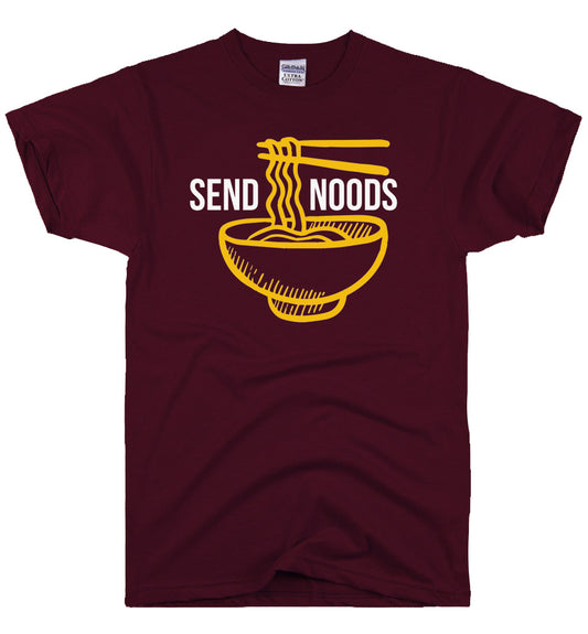 Send Noods Tee maroon T-shirt with yellow ramen graphic