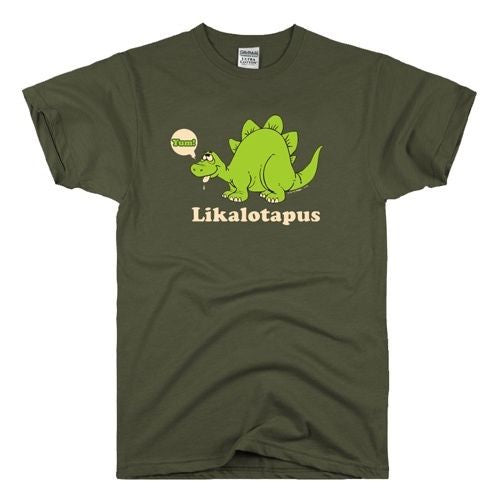 Olive Likalotapus graphic tee with green cartoon dinosaur and 'Likalotapus' text