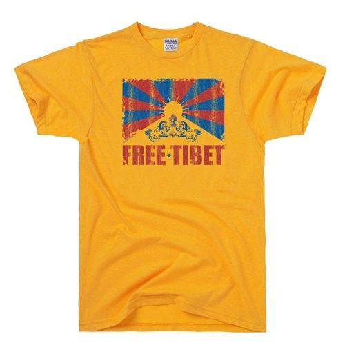 Yellow T-shirt with large "FREE TIBET" graphic and multicolor sunburst design