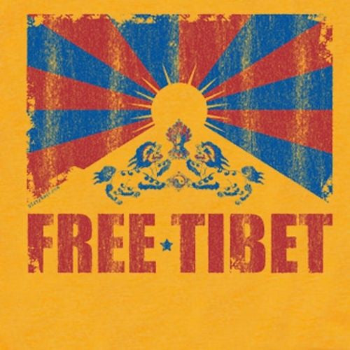 Close-up "FREE TIBET" print with red-blue sunburst flag rays and central emblem