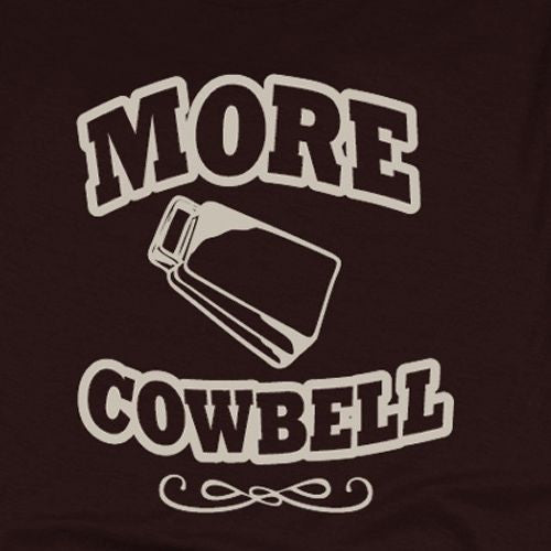 Close-up: More Cowbell logo on dark brown crew-neck tee