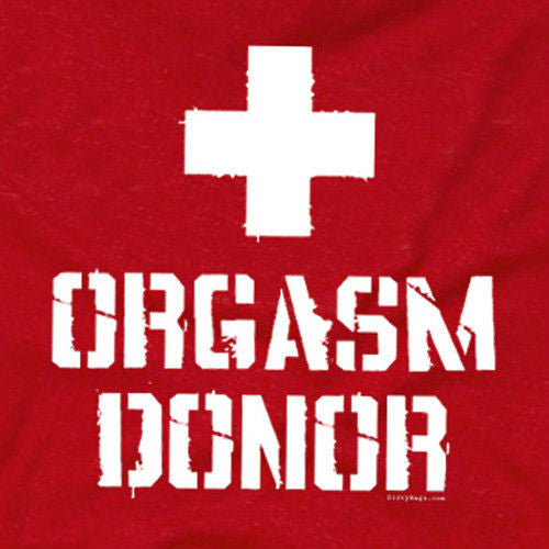 Close-up of red T-shirt front: white cross and ORGASM DONOR text graphic
