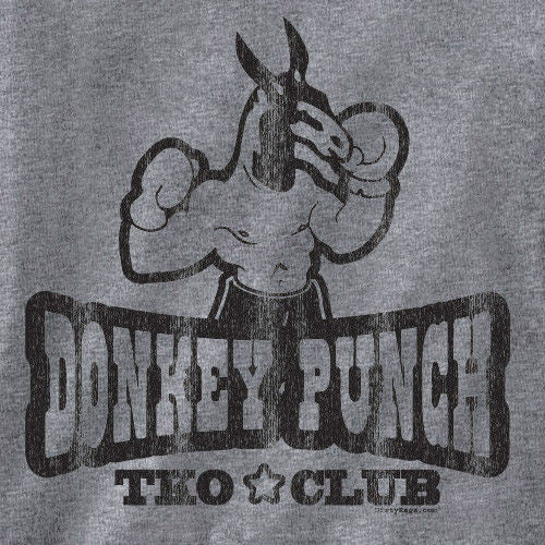 Donkey Punch tee close-up: donkey graphic over bold logo text, heather gray