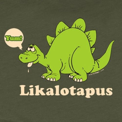 Close-up of olive Likalotapus shirt art: green dinosaur with 'Yum!' speech bubble