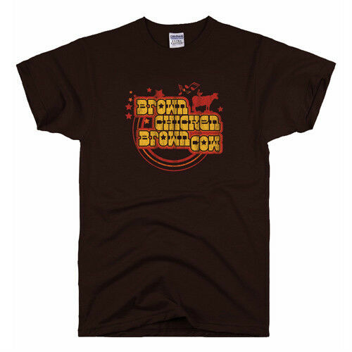 Dark brown T-shirt with Brown Chicken Brown Cow graphic, red/orange cow