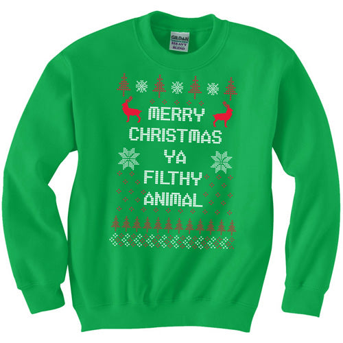 Green Christmas crewneck sweater with Merry Christmas Ya Filthy Animal text, reindeer and trees