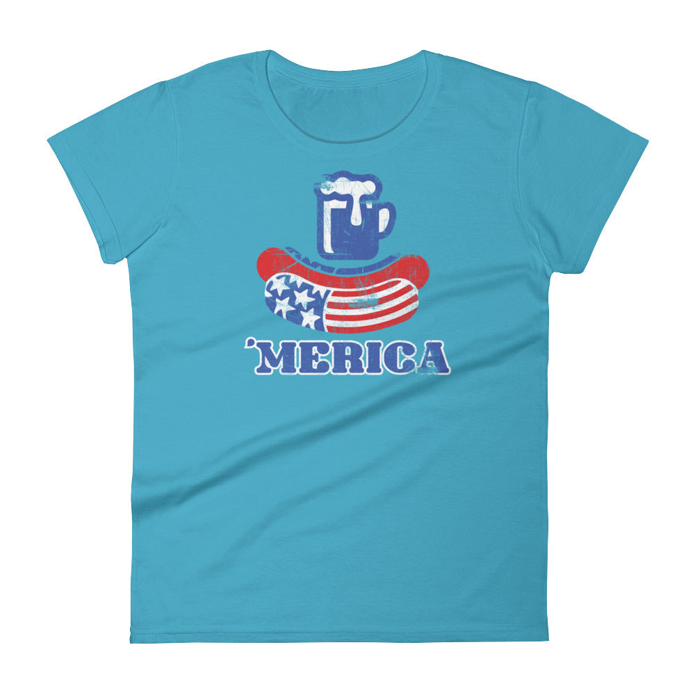 Caribbean Blue women's crewneck tee with 'MERICA' beer mug and hotdog flag graphic